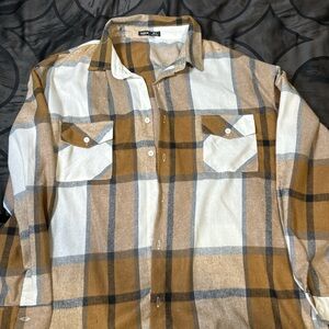 SHEIN Tan and Black Plaid Shirt